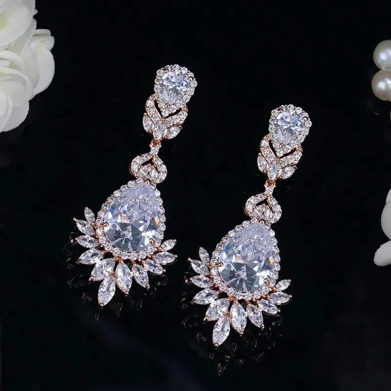 Zirkonia Rose Gold Farbe Große Lange Baumeln Tropfen Braut Hochzeit Ohrringe Schmuck für Frauen CZ151