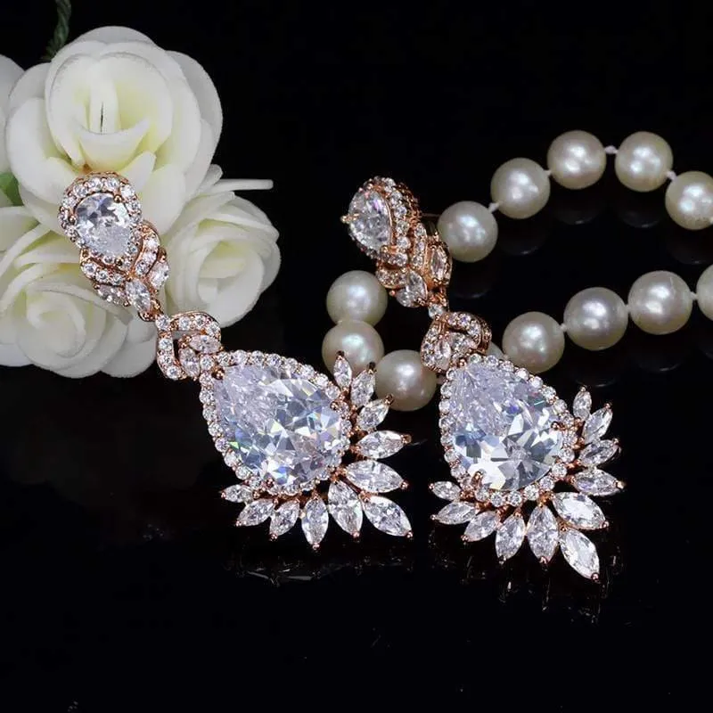Zirkonia Rose Gold Farbe Große Lange Baumeln Tropfen Braut Hochzeit Ohrringe Schmuck für Frauen CZ151