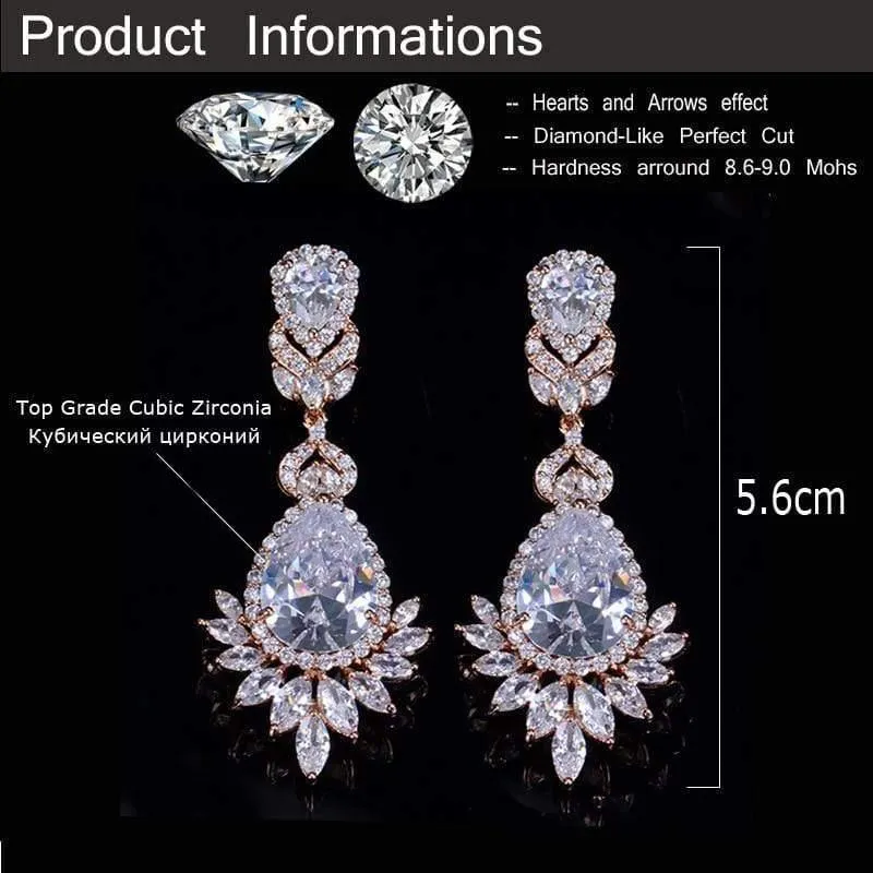 Zirkonia Rose Gold Farbe Große Lange Baumeln Tropfen Braut Hochzeit Ohrringe Schmuck für Frauen CZ151