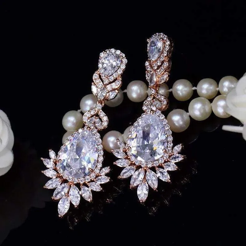 Zirkonia Rose Gold Farbe Große Lange Baumeln Tropfen Braut Hochzeit Ohrringe Schmuck für Frauen CZ151