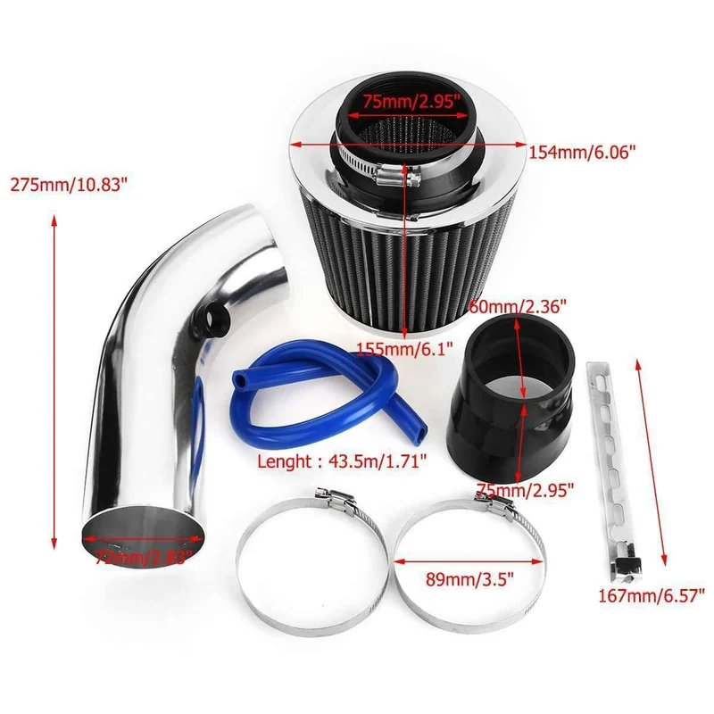 3 zoll Universal Auto Cold Air Intake Filter Aluminium Induktion Kit Rohr Schlauch System Silber
