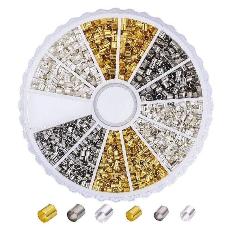 1 Box Messingrohr-Quetschperlen, Metall-Schmuckzubehör, gemischt, Silber, Gold, Weiß, 3 Farben, Größe: 1.5–2 x 1.5–2 mm, Loch: 1–1.5 mm