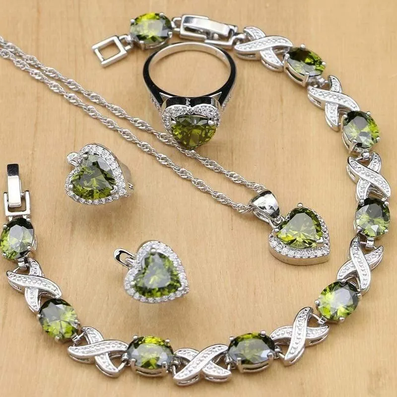 Schmuck Olivgrünes Zirkonia-Schmuckset für Frauen, Hochzeit, Ohrringe/Anhänger/Halskette/Ringe/Armband