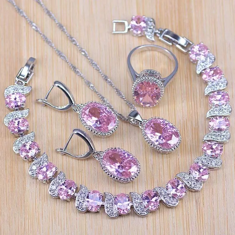 925 Silber Modeschmuck Sets Weiße Zirkon Armbänder Anhänger & Halskette Ringe Ohrringe