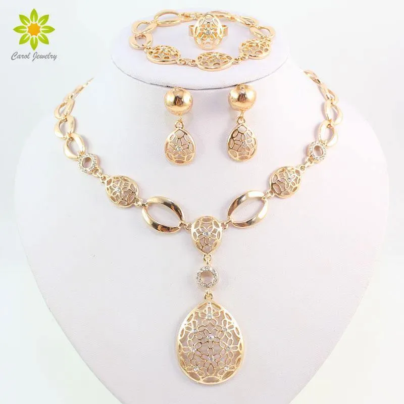 Goldfarbenes afrikanisches Brautkostüm-Schmuckset, nigerianisches Hochzeits-Wassertropfen-Halsketten-Ohrring-Set