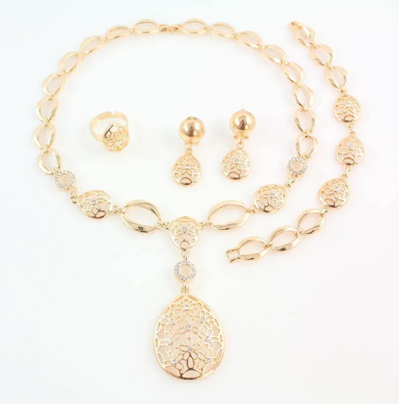 Goldfarbenes afrikanisches Brautkostüm-Schmuckset, nigerianisches Hochzeits-Wassertropfen-Halsketten-Ohrring-Set