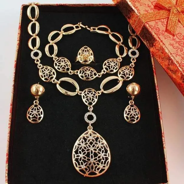 Goldfarbenes afrikanisches Brautkostüm-Schmuckset, nigerianisches Hochzeits-Wassertropfen-Halsketten-Ohrring-Set