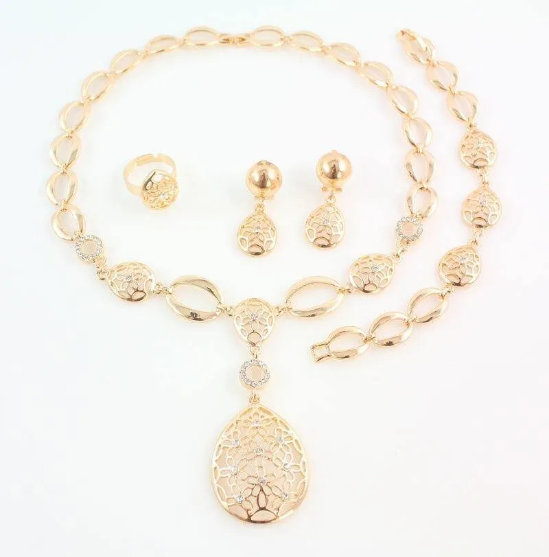 Goldfarbenes afrikanisches Brautkostüm-Schmuckset, nigerianisches Hochzeits-Wassertropfen-Halsketten-Ohrring-Set