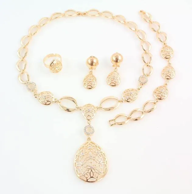 Goldfarbenes afrikanisches Brautkostüm-Schmuckset, nigerianisches Hochzeits-Wassertropfen-Halsketten-Ohrring-Set
