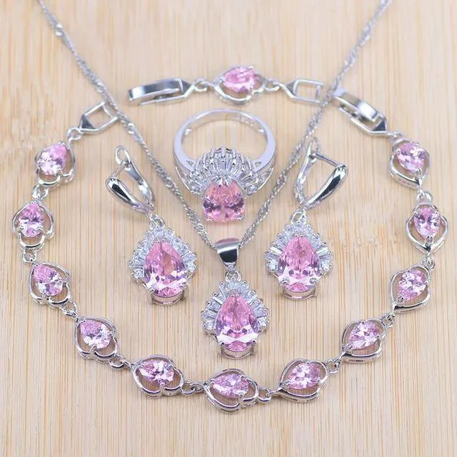 Schmucksets, Wassertropfen, kubischer Zirkonia, CZ-Stein, 925er-Sterlingsilber, Ohrringe, Halsketten, Ringe, Armband-Set