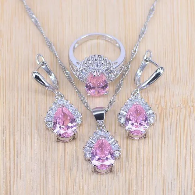 Schmucksets, Wassertropfen, kubischer Zirkonia, CZ-Stein, 925er-Sterlingsilber, Ohrringe, Halsketten, Ringe, Armband-Set