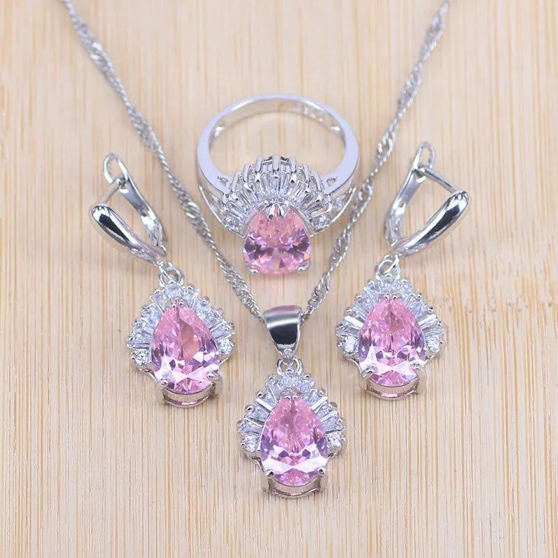 Schmucksets, Wassertropfen, kubischer Zirkonia, CZ-Stein, 925er-Sterlingsilber, Ohrringe, Halsketten, Ringe, Armband-Set