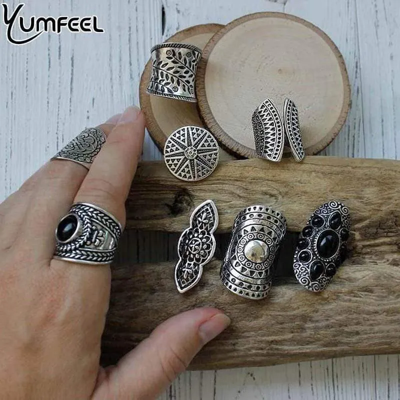 Vintage Boho Schmuck Ringe Mixed Lot Tibetan Silber Überzogene Ring 8pcs / Lot Böhmischen Ring Frauen Vintage Schmuck