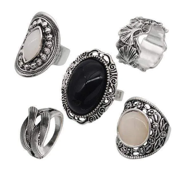 Vintage Boho Schmuck Ringe Mixed Lot Tibetan Silber Überzogene Ring 8pcs / Lot Böhmischen Ring Frauen Vintage Schmuck