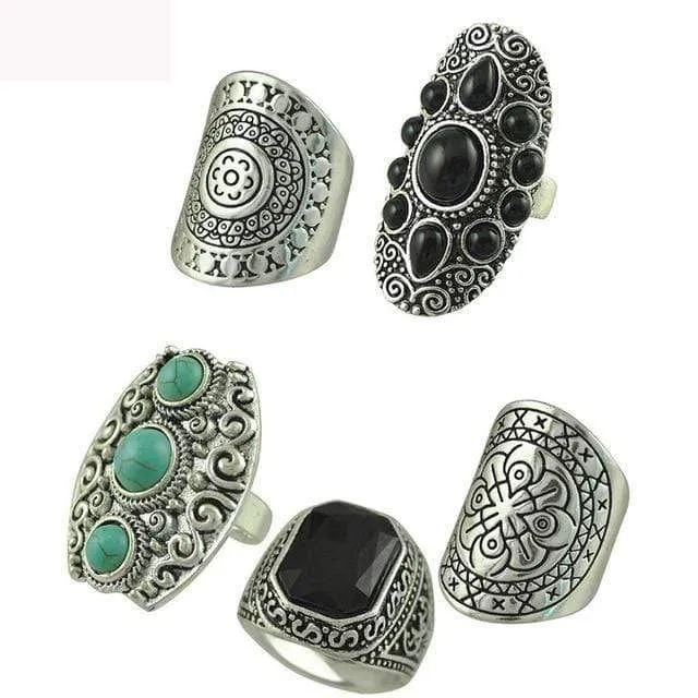 Vintage Boho Schmuck Ringe Mixed Lot Tibetan Silber Überzogene Ring 8pcs / Lot Böhmischen Ring Frauen Vintage Schmuck