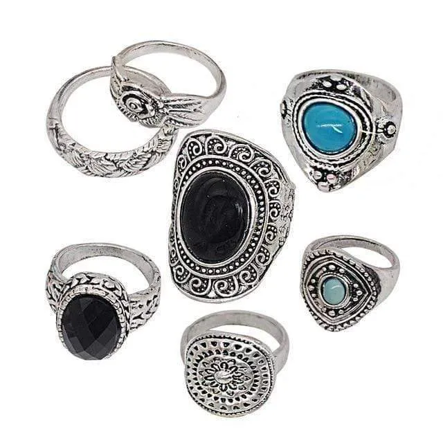 Vintage Boho Schmuck Ringe Mixed Lot Tibetan Silber Überzogene Ring 8pcs / Lot Böhmischen Ring Frauen Vintage Schmuck