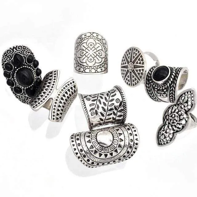 Vintage Boho Schmuck Ringe Mixed Lot Tibetan Silber Überzogene Ring 8pcs / Lot Böhmischen Ring Frauen Vintage Schmuck
