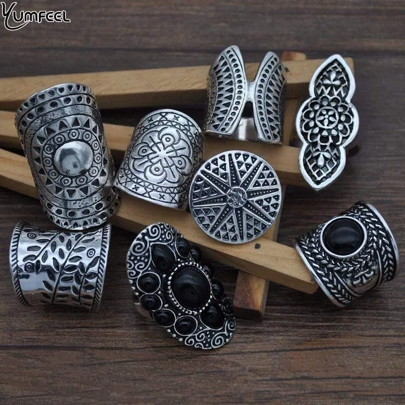 Vintage Boho Schmuck Ringe Mixed Lot Tibetan Silber Überzogene Ring 8pcs / Lot Böhmischen Ring Frauen Vintage Schmuck