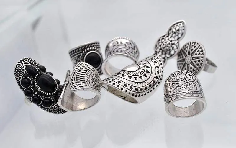 Vintage Boho Schmuck Ringe Mixed Lot Tibetan Silber Überzogene Ring 8pcs / Lot Böhmischen Ring Frauen Vintage Schmuck