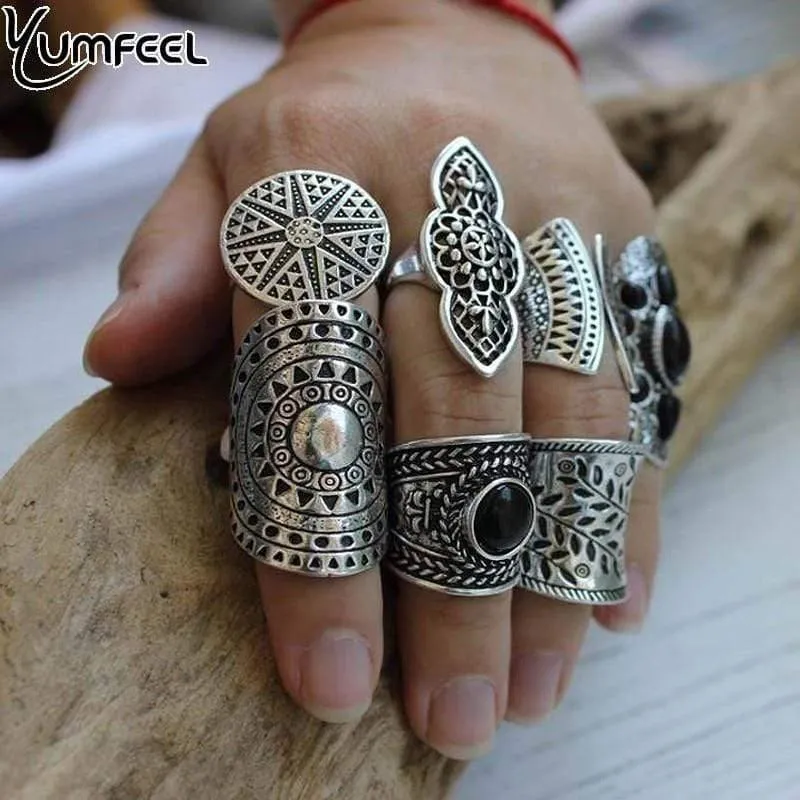 Vintage Boho Schmuck Ringe Mixed Lot Tibetan Silber Überzogene Ring 8pcs / Lot Böhmischen Ring Frauen Vintage Schmuck
