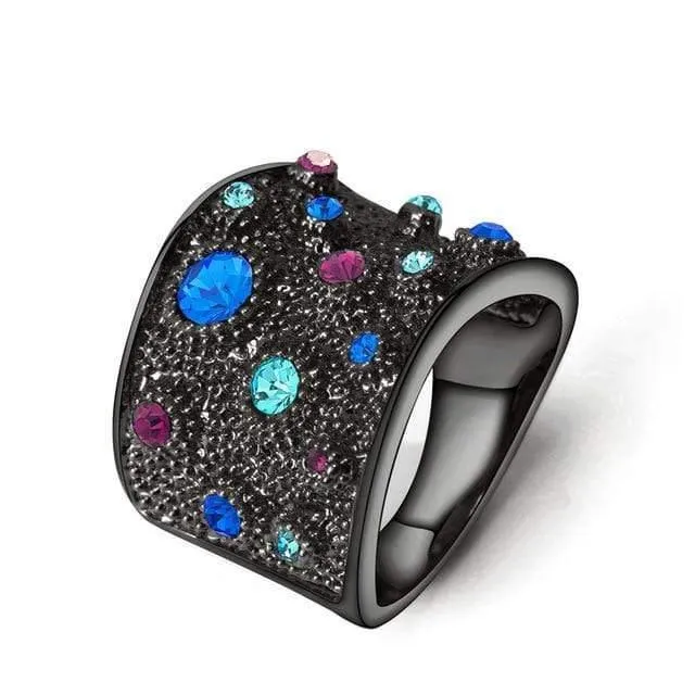 Goldfarbener Finger-Cocktailring mit bunten Strasssteinen, Größe 6, 7, 8, 9, Ringe für Damen, modischer Ring 2019