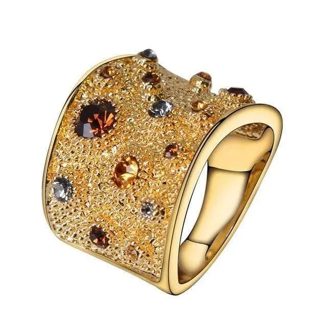 Goldfarbener Finger-Cocktailring mit bunten Strasssteinen, Größe 6, 7, 8, 9, Ringe für Damen, modischer Ring 2019