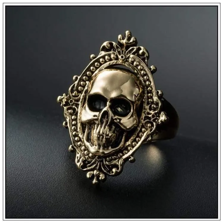 Antiker goldener Totenkopf-Ring, großer riesiger Geister-Schädel-Ring, Herren- und Jungen-Polier-Biker-Ring, Kupfer-Schädel-Ringe