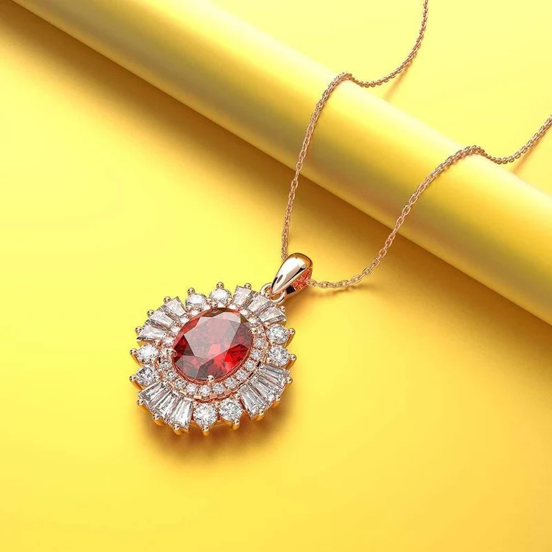 925 Sterling Silber Rubin Edelstein Cocktail Party Rose Gold Diamanten Anhänger Halskette Edlen Schmuck Großhandel