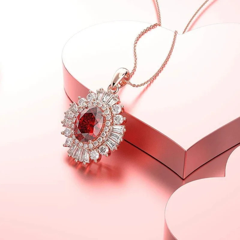 925 Sterling Silber Rubin Edelstein Cocktail Party Rose Gold Diamanten Anhänger Halskette Edlen Schmuck Großhandel