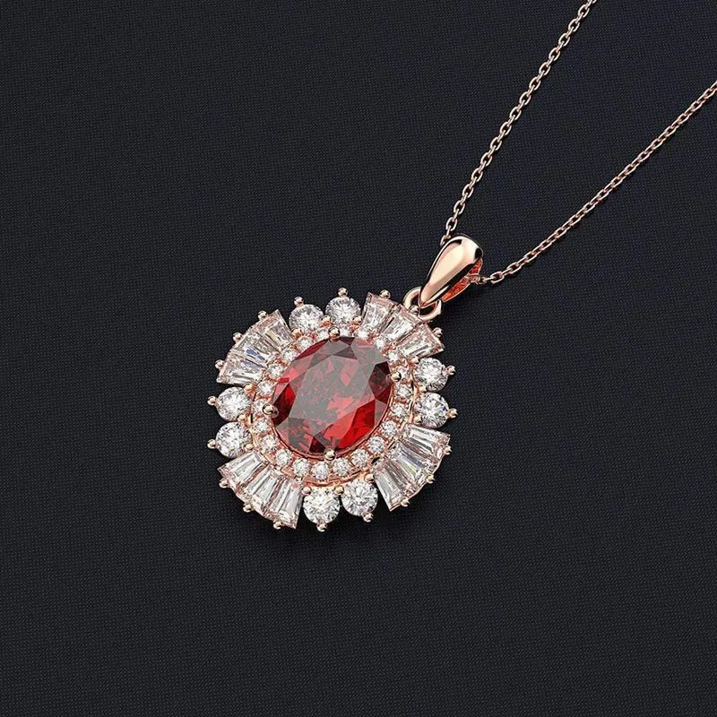 925 Sterling Silber Rubin Edelstein Cocktail Party Rose Gold Diamanten Anhänger Halskette Edlen Schmuck Großhandel