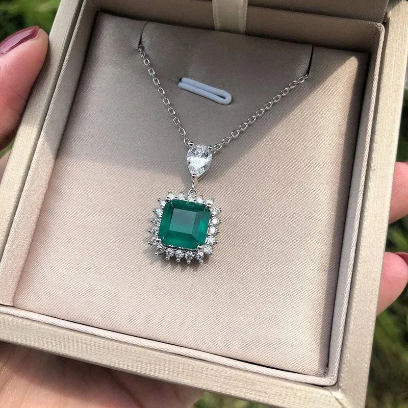 925 Sterling Silber Smaragd Edelstein Diamanten Anhänger Halskette Cocktail Party Feiner Schmuck Geschenk Großhandel