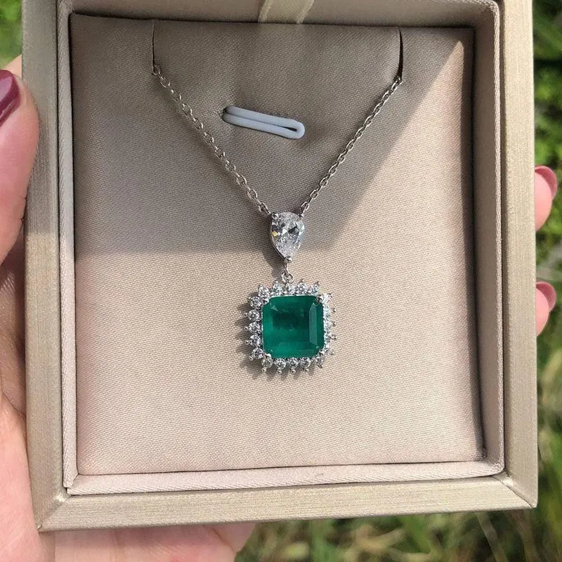 925 Sterling Silber Smaragd Edelstein Diamanten Anhänger Halskette Cocktail Party Feiner Schmuck Geschenk Großhandel