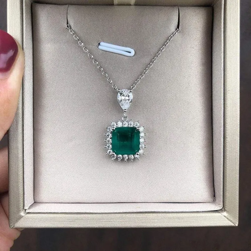 925 Sterling Silber Smaragd Edelstein Diamanten Anhänger Halskette Cocktail Party Feiner Schmuck Geschenk Großhandel