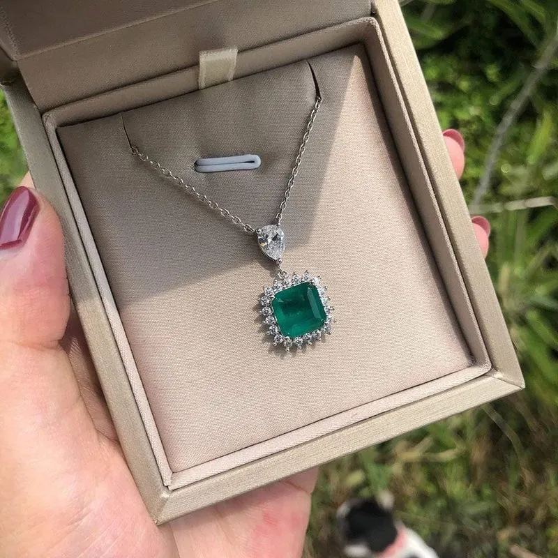 925 Sterling Silber Smaragd Edelstein Diamanten Anhänger Halskette Cocktail Party Feiner Schmuck Geschenk Großhandel