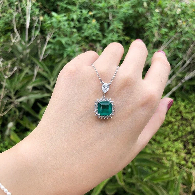 925 Sterling Silber Smaragd Edelstein Diamanten Anhänger Halskette Cocktail Party Feiner Schmuck Geschenk Großhandel