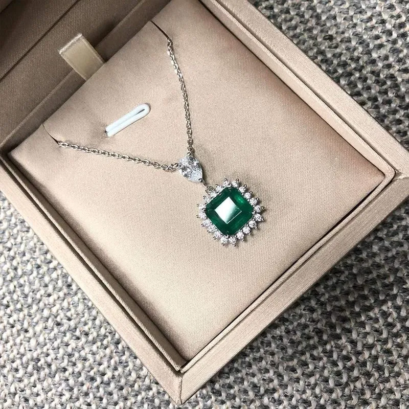 925 Sterling Silber Smaragd Edelstein Diamanten Anhänger Halskette Cocktail Party Feiner Schmuck Geschenk Großhandel