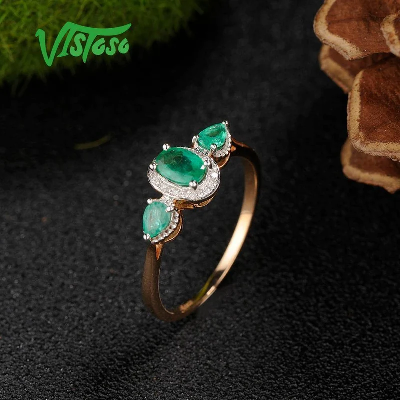 Goldringe für Damen, echter Ring aus 14 Karat 585er Roségold, magischer Smaragd, funkelnder Diamant, Verlobung, Jahrestag, feiner Schmuck