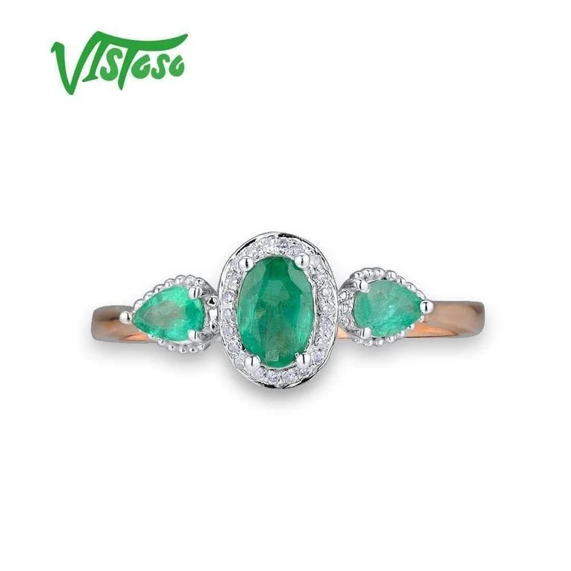 Goldringe für Damen, echter Ring aus 14 Karat 585er Roségold, magischer Smaragd, funkelnder Diamant, Verlobung, Jahrestag, feiner Schmuck