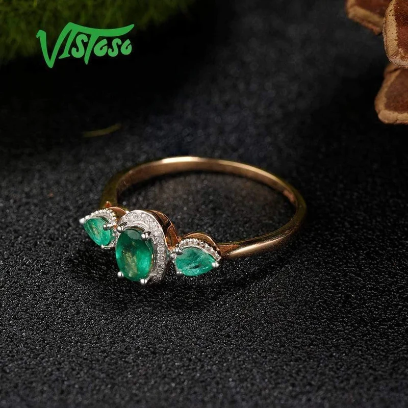 Goldringe für Damen, echter Ring aus 14 Karat 585er Roségold, magischer Smaragd, funkelnder Diamant, Verlobung, Jahrestag, feiner Schmuck