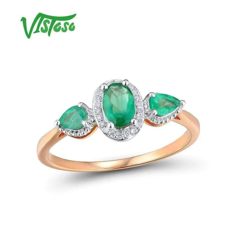 Goldringe für Damen, echter Ring aus 14 Karat 585er Roségold, magischer Smaragd, funkelnder Diamant, Verlobung, Jahrestag, feiner Schmuck