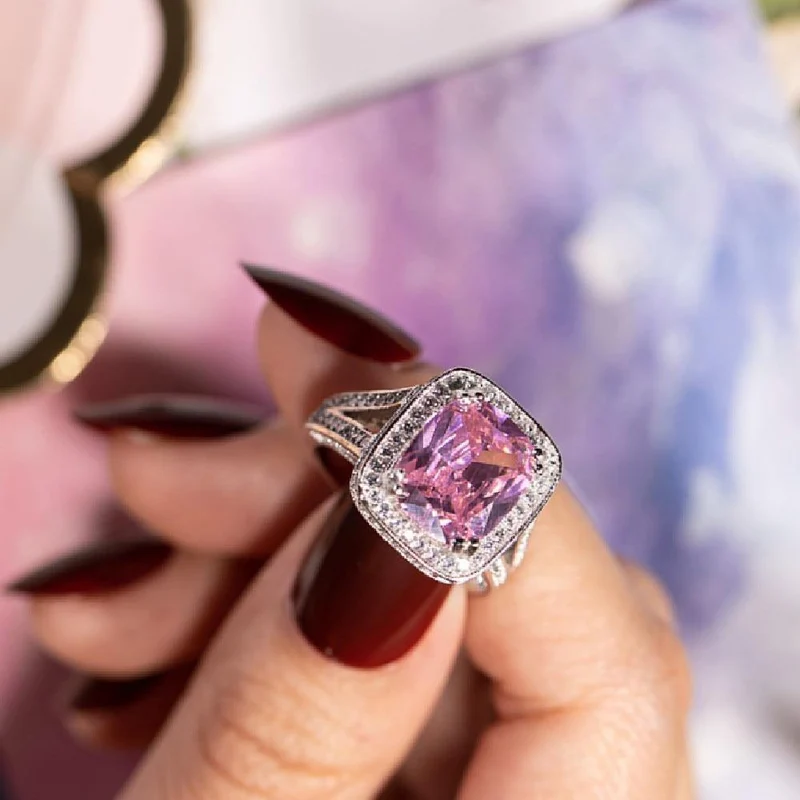 925 Silber Ringfinger Großer rosa Prinzessin-Schliff 10 Karat Simulierter Diamant Pave 192 Stück CZ Ehering für Frauen Schmuck