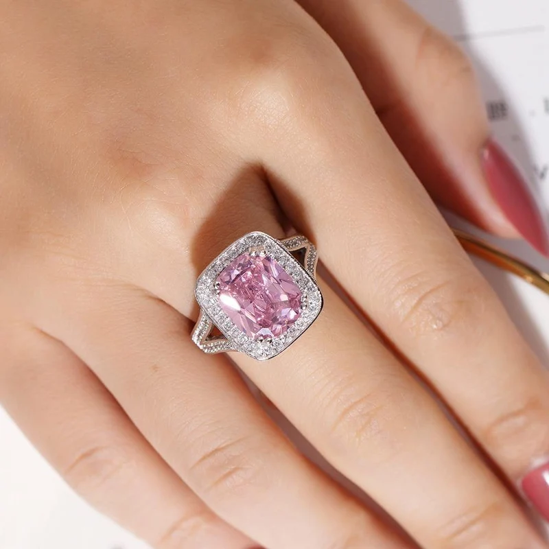 925 Silber Ringfinger Großer rosa Prinzessin-Schliff 10 Karat Simulierter Diamant Pave 192 Stück CZ Ehering für Frauen Schmuck