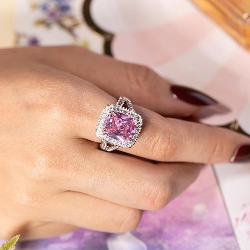 925 Silber Ringfinger Großer rosa Prinzessin-Schliff 10 Karat Simulierter Diamant Pave 192 Stück CZ Ehering für Frauen Schmuck