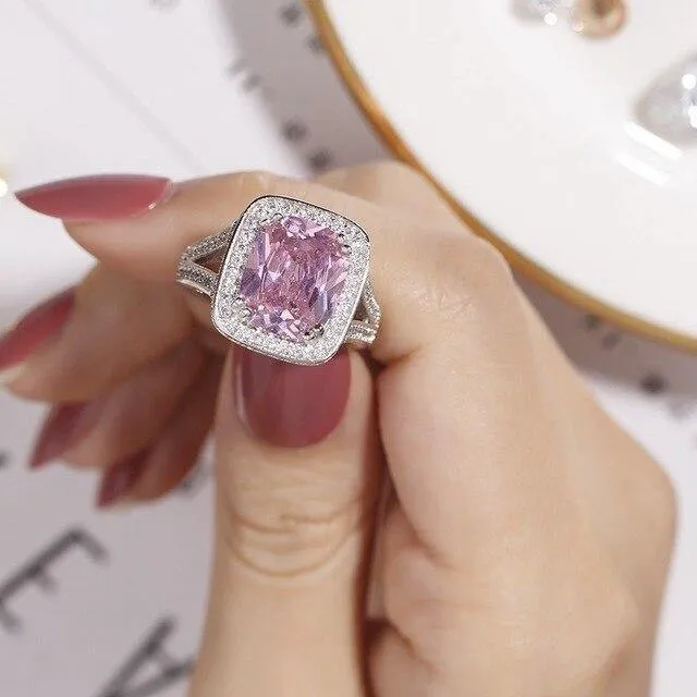 925 Silber Ringfinger Großer rosa Prinzessin-Schliff 10 Karat Simulierter Diamant Pave 192 Stück CZ Ehering für Frauen Schmuck