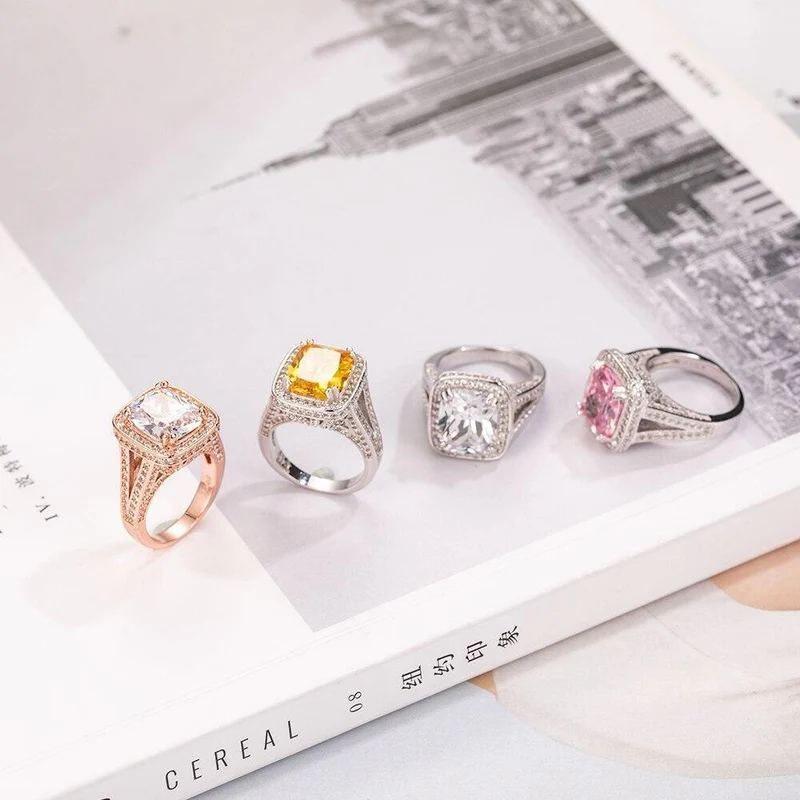 925 Silber Ringfinger Großer rosa Prinzessin-Schliff 10 Karat Simulierter Diamant Pave 192 Stück CZ Ehering für Frauen Schmuck