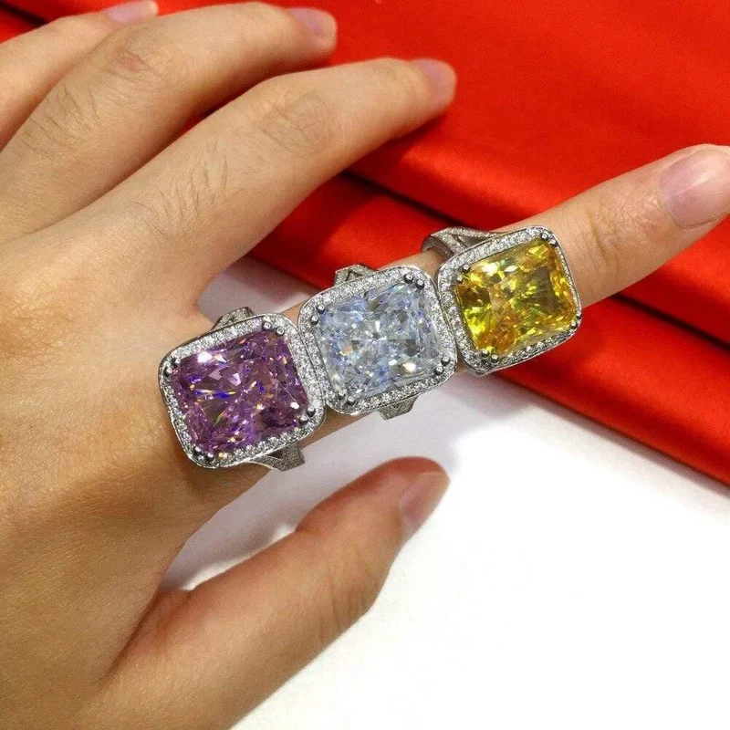 925 Silber Ringfinger Großer rosa Prinzessin-Schliff 10 Karat Simulierter Diamant Pave 192 Stück CZ Ehering für Frauen Schmuck