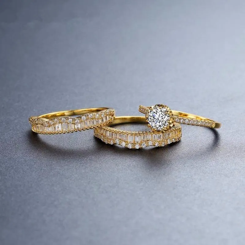 Diamantring Goldringe Zirkon zweifarbiger Schatz Roségold Jade Kristall vergoldet 925 Silber vergoldet 18 Karat Gold dreiteilig B923