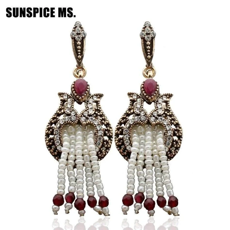 Frauen Perlen Lange Haken Blume Ohrringe Antik Gold Farbe Perlen Quasten Braut Ohrringe Indien Hochzeit Schmuck