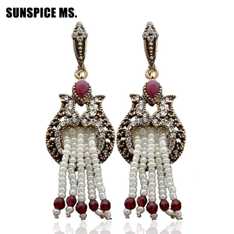 Frauen Perlen Lange Haken Blume Ohrringe Antik Gold Farbe Perlen Quasten Braut Ohrringe Indien Hochzeit Schmuck