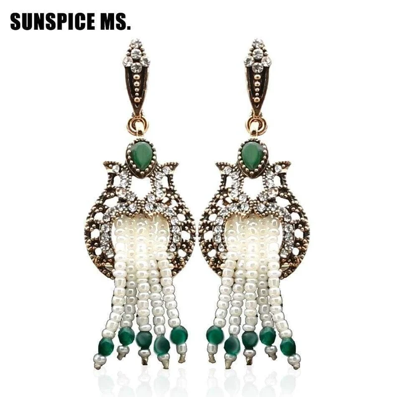 Frauen Perlen Lange Haken Blume Ohrringe Antik Gold Farbe Perlen Quasten Braut Ohrringe Indien Hochzeit Schmuck